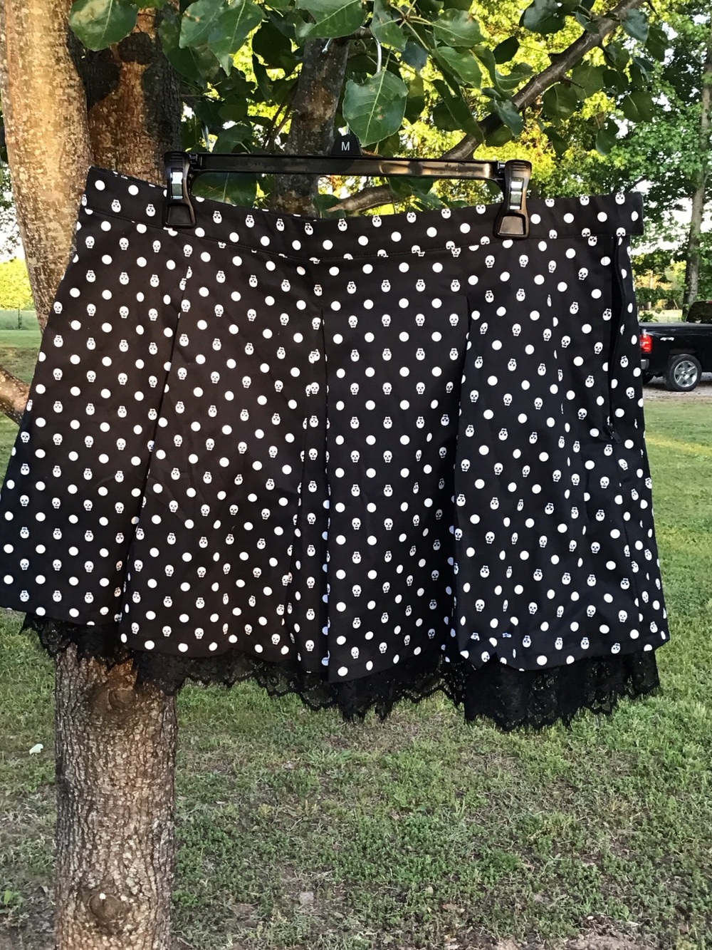 Black Skull-Print Skater Skirt with Lace Hem